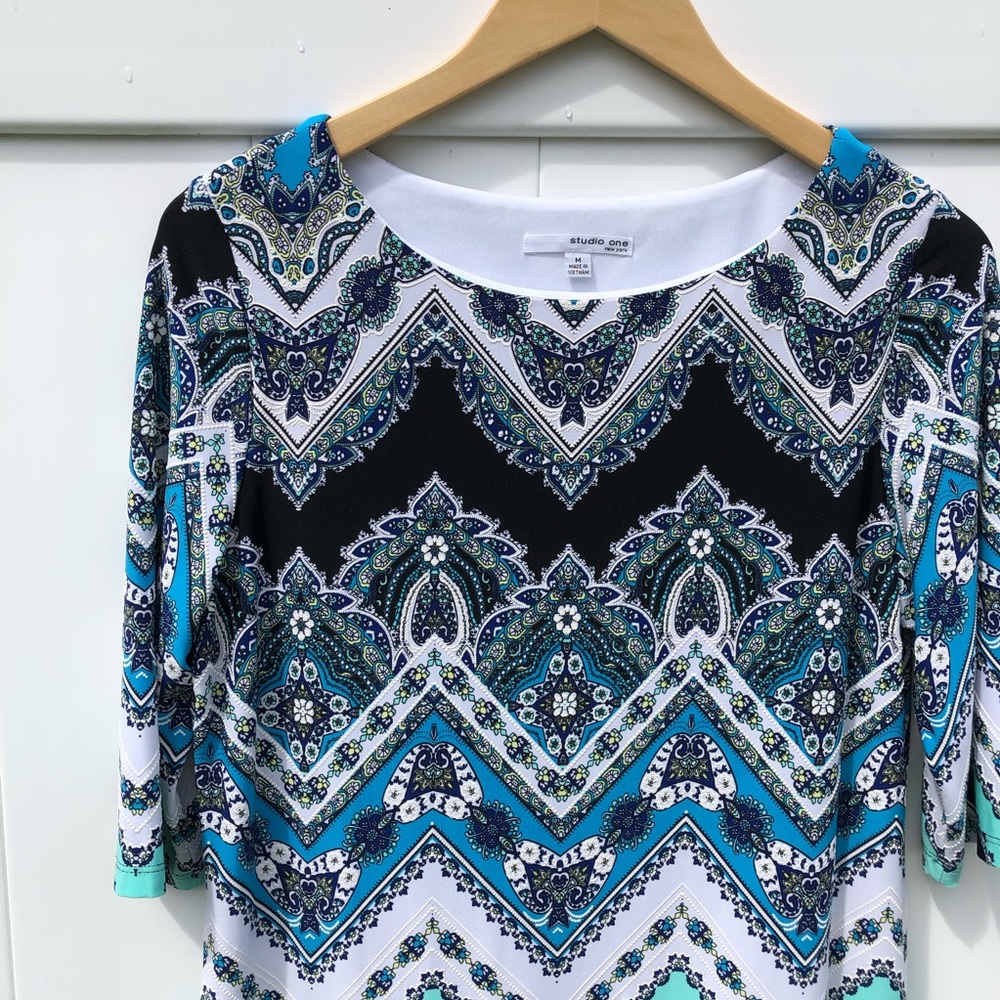 Blue Floral Chevron Shift Dress